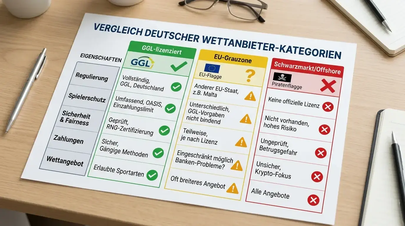 Legale vs. illegale Wettanbieter Deutschland 2026 – GGL-lizenziert, EU-Grauzone und Schwarzmarkt im Vergleich