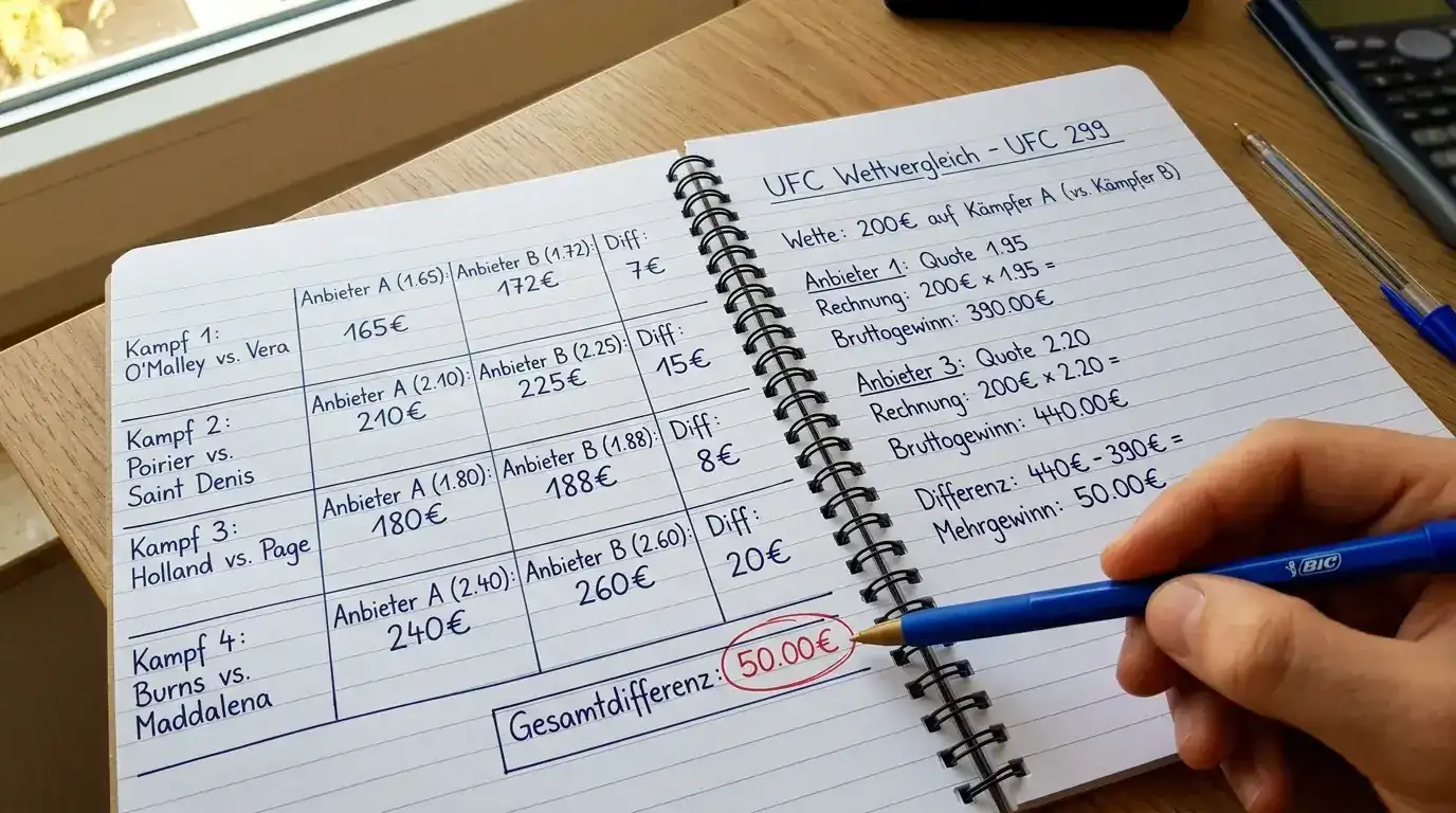 Renditeberechnung Line Shopping UFC-Wetten – Gewinnunterschied durch Quotenvergleich bei MMA-PPV