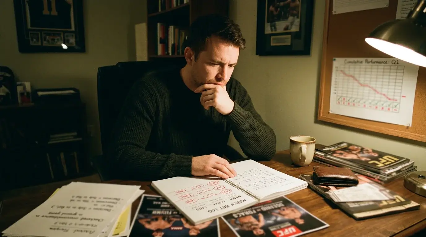 MMA-Wetter analysiert UFC-Kampfstatistiken an einem Schreibtisch – strategische Vorbereitung auf Wetten