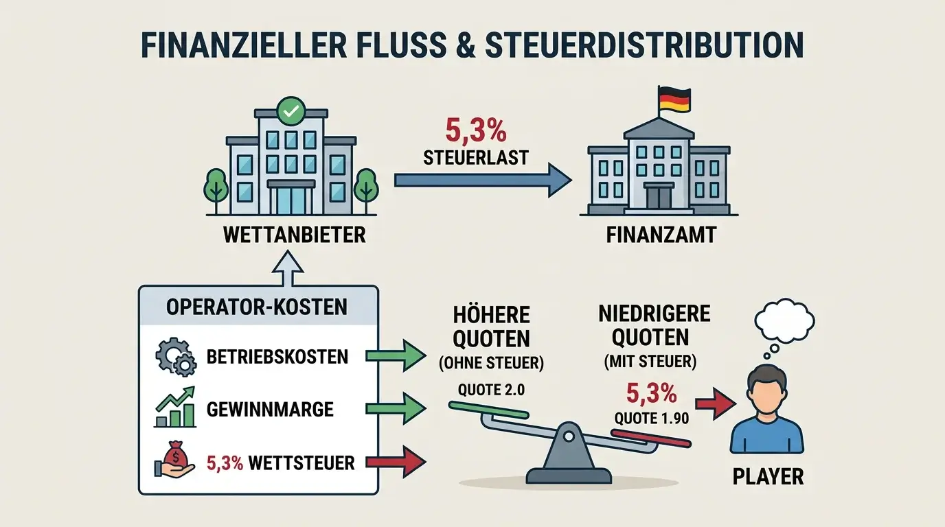 Mechanismus der deutschen Sportwettensteuer – Rennwett- und Lotteriegesetz, Steuerpflicht des Anbieters und Weitergabe über Quoten